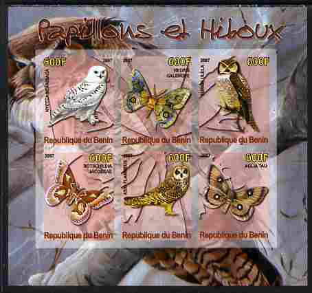 Benin 2007 Butterflies & Owls #4 imperf sheetlet containing 6 values unmounted mint. Note this item is privately produced and is offered purely on its thematic appeal, stamps on , stamps on  stamps on butterflies, stamps on  stamps on birds, stamps on  stamps on birds of prey, stamps on  stamps on owls