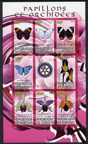 Djibouti 2010 Butterflies & Orchids #2 imperf sheetlet containing 8 values plus label with Rotary logo unmounted mint, stamps on , stamps on  stamps on butterflies, stamps on  stamps on orchids, stamps on  stamps on flowers, stamps on  stamps on rotary