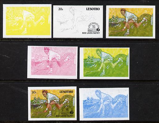 Lesotho 1988 Tennis Federation 20s (Rod Laver) unmounted mint set of 7 imperf progressive colour proofs comprising the 4 individual colours plus 2, 3 and all 4-colour composites (as SG 844), stamps on sport  tennis