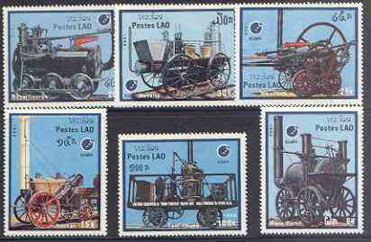 Laos 1988 'Essen 88' Stamp Exhibition - Early Railway Locomotives perf set of 6 unmounted mint, SG 1071-76, stamps on , stamps on  stamps on railways, stamps on  stamps on stamp exhibitions