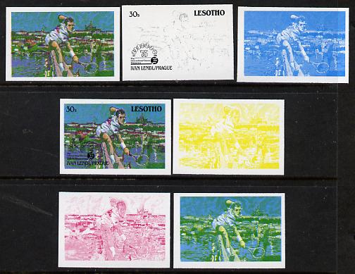 Lesotho 1988 Tennis Federation 30s (Ivan Lendl) unmounted mint set of 7 imperf progressive colour proofs comprising the 4 individual colours plus 2, 3 and all 4-colour composites (as SG 845), stamps on , stamps on  stamps on sport  tennis