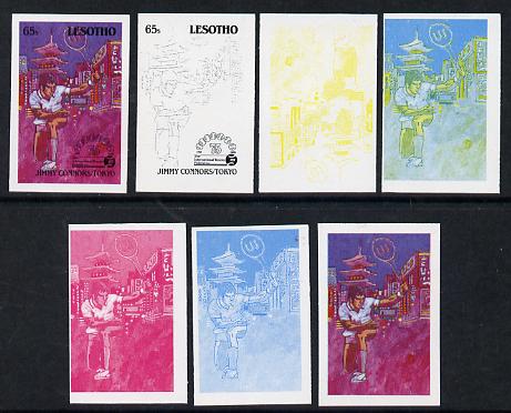 Lesotho 1988 Tennis Federation 65s (Jimmy Connors) unmounted mint set of 7 imperf progressive colour proofs comprising the 4 individual colours plus 2, 3 and all 4-colour composites (as SG 846), stamps on , stamps on  stamps on sport  tennis