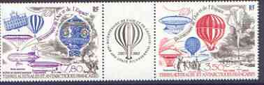 French Southern & Antarctic Territories 1984 Bicentenary of Manned Flight, se-tenant strip of 2 plus label (Balloons & Airships) unmounted mint, SG 190a, stamps on , stamps on  stamps on polar, stamps on  stamps on balloons, stamps on  stamps on airships, stamps on  stamps on aviation