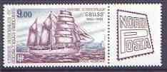 French Southern & Antarctic Territories 1984 Nordposta Stamp Exhibition - Survey Barquentine Gauss 9f plus se-tenant label unmounted mint, SG 195 , stamps on polar, stamps on ships, stamps on stamp exhibitions