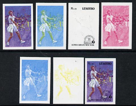 Lesotho 1988 Tennis Federation 1m55 (Althea Gibson) unmounted mint set of 7 imperf progressive colour proofs comprising the 4 individual colours plus 2, 3 and all 4-colour composites (as SG 848), stamps on , stamps on  stamps on sport  tennis