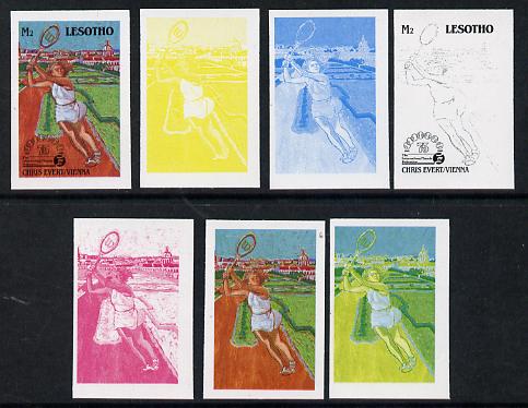 Lesotho 1988 Tennis Federation 2m (Chris Evert) unmounted mint set of 7 imperf progressive colour proofs comprising the 4 individual colours plus 2, 3 and all 4-colour composites (as SG 849), stamps on , stamps on  stamps on sport  tennis