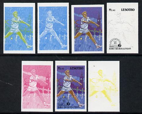 Lesotho 1988 Tennis Federation 2m40 (Boris Becker) unmounted mint set of 7 imperf progressive colour proofs comprising the 4 individual colours plus 2, 3 and all 4-colour composites (as SG 850), stamps on , stamps on  stamps on sport  tennis