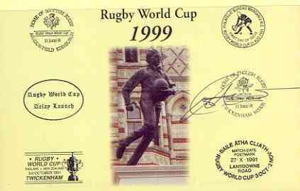 Postcard privately produced in 1999 (coloured) for the Rugby World Cup, signed by Rob Andrew (England - 71 caps & British Lions) unused and pristine, stamps on , stamps on  stamps on rugby, stamps on  stamps on sport