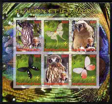 Benin 2007 Owls & Butterflies imperf sheetlet containing 6 values unmounted mint. Note this item is privately produced and is offered purely on its thematic appeal, stamps on , stamps on  stamps on butterflies, stamps on  stamps on birds, stamps on  stamps on birds of prey, stamps on  stamps on owls