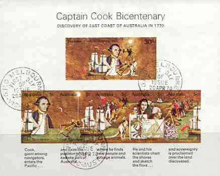 Australia 1970 Bicentenary of Cook's Discovery imperf m/sheet fine cto used, SG MS 465, stamps on cook, stamps on explorers, stamps on ships   