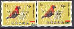 Ghana 1965 New Currency 6p on 6d Bishop Bird two singles with green from flag misplaced to left and to right, both unmounted mint, SG 385var, stamps on birds, stamps on flags