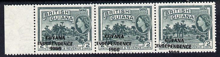 Guyana 1966 Botanical Gardens 2c with Independence opt (Local opt on Script CA wmk) unmounted mint strip of 3 with opt misplaced obliquely (as SG 421), stamps on , stamps on  stamps on flowers