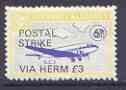 Guernsey - Alderney 1971 POSTAL STRIKE overprinted on DC-3 6d (from 1967 Aircraft def set) additionaly overprinted 'VIA HERM Â£3' unmounted mint, stamps on , stamps on  stamps on aviation, stamps on  stamps on strike, stamps on  stamps on douglas, stamps on  stamps on dc