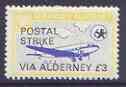 Guernsey - Alderney 1971 POSTAL STRIKE overprinted on DC-3 6d (from 1967 Aircraft def set) additionaly overprinted 'VIA ALDERNEY Â£3' unmounted mint, stamps on , stamps on  stamps on aviation, stamps on  stamps on strike, stamps on  stamps on douglas, stamps on  stamps on dc