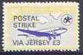 Guernsey - Alderney 1971 POSTAL STRIKE overprinted on DC-3 6d (from 1967 Aircraft def set) additionaly overprinted VIA JERSEY £3 unmounted mint, stamps on aviation, stamps on strike, stamps on douglas, stamps on dc