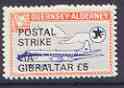 Guernsey - Alderney 1971 POSTAL STRIKE overprinted on Viscount 3s (from 1967 Aircraft def set) additionaly overprinted 'VIA GIBRALTAR £5' unmounted mint, stamps on aviation, stamps on strike, stamps on viscount