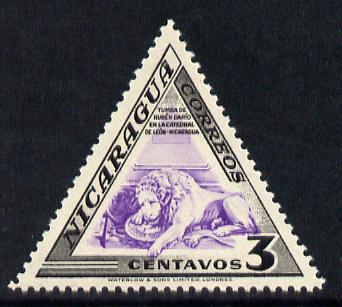 Nicaragua 1947 Lion on Ruben Dario's Tomb 3c triangular shaped unmounted mint SG 1097, stamps on , stamps on  stamps on lions, stamps on  stamps on cats, stamps on  stamps on death, stamps on  stamps on cathedrals, stamps on  stamps on triangulars, stamps on  stamps on poetry, stamps on  stamps on literature