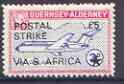 Guernsey - Alderney 1971 POSTAL STRIKE overprinted on BAC One-Eleven 3d (from 1967 Aircraft def set) additionaly overprinted 'VIA S AFRICA £5' unmounted mint, stamps on aviation, stamps on strike, stamps on bac