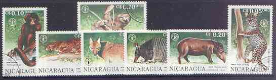 Nicaragua 1990 FAO - Animals perf set of 7 fine used*, stamps on animals< coyote, stamps on apes, stamps on cats, stamps on tigers, stamps on 