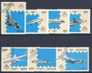 Nicaragua 1986 'Stockholmia 86' Stamp Exhibition set of 7 Aircraft fine used, SG 2783-89*, stamps on , stamps on  stamps on aviation, stamps on  stamps on lockheed, stamps on  stamps on boeing, stamps on  stamps on bac, stamps on  stamps on stamp exhibitions, stamps on  stamps on concorde