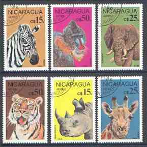 Nicaragua 1986 Endangered Animals set of 6 fine used, SG 2799-2804*, stamps on animals, stamps on cats, stamps on tiger, stamps on rhinos, stamps on giraffe, stamps on elephant, stamps on zebra, stamps on tigers