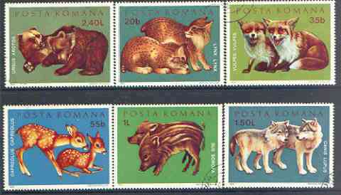 Rumania 1972 Young Wild Animals set of 6 fine cto used, SG 3885-90, Mi 3005-10*, stamps on animals, stamps on cats, stamps on lynx, stamps on fox, stamps on deer, stamps on pigs , stamps on wolfs, stamps on bears, stamps on  fox , stamps on foxes, stamps on  