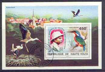 Upper Volta 1975 Birth Centenary of Dr Albert Schweitzer (Birds) perf m/sheet fine cto used, stamps on , stamps on  stamps on nobel, stamps on  stamps on personalities, stamps on  stamps on diseases, stamps on  stamps on birds, stamps on  stamps on kingfisher, stamps on  stamps on 