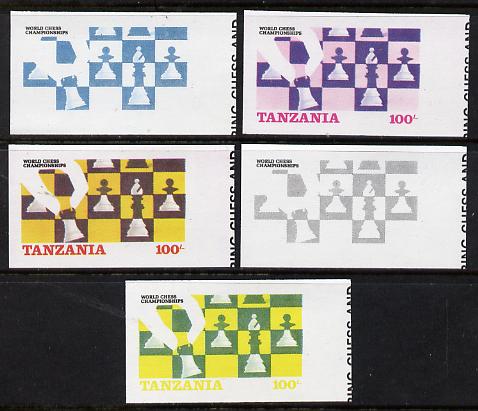 Tanzania 1986 World Chess Championship 100s set of 5 imperf progressive colour proofs comprising single & multiple colours incl all 4 colours as issued (as SG 462) unmoun..., stamps on chess