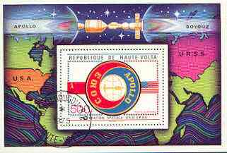 Upper Volta 1975 Apollo-Soyuz Space Project perf m/sheet cto used, stamps on , stamps on  stamps on space, stamps on  stamps on maps