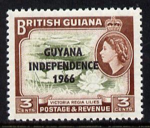 Guyana 1966 Water Lilies 3c with Independence opt (De La Rue opt on Script CA wmk) unmounted mint, SG 379, stamps on , stamps on  stamps on flowers