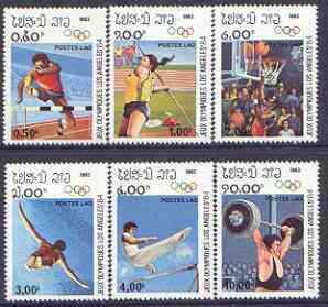 Laos 1983 Los Angeles Olympics (1st issue) perf set of 6 unmounted mint, SG 616-21, stamps on , stamps on  stamps on olympics, stamps on  stamps on hurdles, stamps on  stamps on basketball, stamps on  stamps on javelin, stamps on  stamps on gymnastics, stamps on  stamps on weightlifting, stamps on  stamps on  gym , stamps on  stamps on gymnastics, stamps on  stamps on 