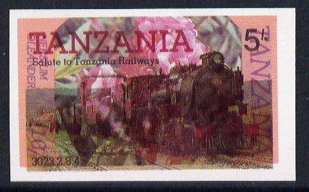 Tanzania 1985 Railways 5s (SG 430) IMPERF printed over 1986 Flowers 10s (SG 476) unusual unmounted mint, stamps on , stamps on  stamps on flowers  railways