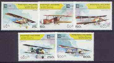 Laos 1996 Capex '96 Stamp Exhibition - Aircraft perf set of 5 unmounted mint, SG 1512-16, stamps on aviation, stamps on sopwith, stamps on dh