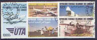 Comoro Islands 1985 50th Anniversary - Aircraft perf set of 5 cto used, SG 587-91*, stamps on , stamps on  stamps on aviation, stamps on  stamps on boeing, stamps on  stamps on 747, stamps on  stamps on flying boats, stamps on  stamps on sikorsky, stamps on  stamps on douglas, stamps on  stamps on dc, stamps on  stamps on 