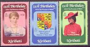 Kiribati 1982 21st birthday of Princess of Wales perf set of 3 unmounted mint, SG 183-85 (gutter pairs available - price x 2), stamps on , stamps on  stamps on royalty, stamps on  stamps on diana, stamps on  stamps on 