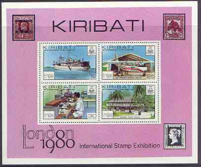 Kiribati 1980 'London 1980' perf m/sheet unmounted mint, SG MS116, stamps on , stamps on  stamps on postal, stamps on  stamps on ships, stamps on  stamps on communications, stamps on  stamps on aviation, stamps on  stamps on motorbikes, stamps on  stamps on stamp on stamp, stamps on  stamps on stamp exhibitions, stamps on  stamps on stamponstamp