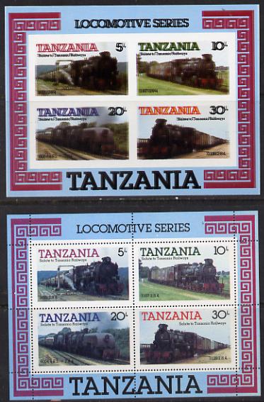 Tanzania 1985 Locomotives unmounted mint imperf m/sheet with entire design printed twice, (SG MS 434) plus perforated normal, superb, stamps on , stamps on  stamps on railways, stamps on big locos