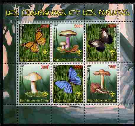 Benin 2007 Fungi & Butterflies (with Scout Logo) perf sheetlet containing 6 values unmounted mint. Note this item is privately produced and is offered purely on its thematic appeal, stamps on , stamps on  stamps on butterflies, stamps on  stamps on fungi, stamps on  stamps on scouts