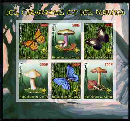 Benin 2007 Fungi & Butterflies (with Scout Logo) imperf sheetlet containing 6 values unmounted mint. Note this item is privately produced and is offered purely on its thematic appeal, stamps on , stamps on  stamps on butterflies, stamps on  stamps on fungi, stamps on  stamps on scouts