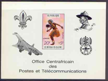 Central African Republic 1971 Traditional Dances 20f + 5f deluxe proof card in full issued colours (as SG 234) opt'd in black showing Scout logo, Baden Powell, Concorde & Anti Malaria Logo, stamps on , stamps on  stamps on dancing, stamps on  stamps on scouts, stamps on  stamps on concorde, stamps on  stamps on malaria, stamps on  stamps on diseases, stamps on  stamps on aviation, stamps on  stamps on 