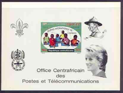 Central African Republic 1971 UNICEF deluxe proof card in full issued colours (as SG 268) opt'd in black showing Scout logo, Baden Powell, Anti Malaria Logo & Princess Di, stamps on unicef, stamps on children, stamps on scouts, stamps on malaria, stamps on diseases, stamps on diana, stamps on royalty, stamps on united nations