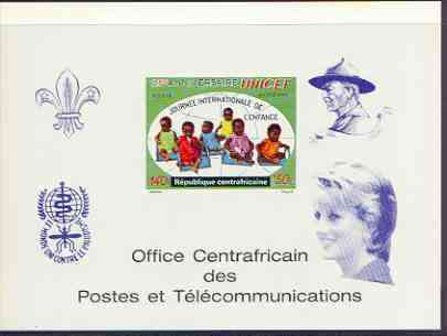 Central African Republic 1971 UNICEF deluxe proof card in full issued colours (as SG 268) opt'd in blue showing Scout logo, Baden Powell, Anti Malaria Logo & Princess Di, stamps on , stamps on  stamps on unicef, stamps on  stamps on children, stamps on  stamps on scouts, stamps on  stamps on malaria, stamps on  stamps on diseases, stamps on  stamps on diana, stamps on  stamps on royalty, stamps on  stamps on united nations