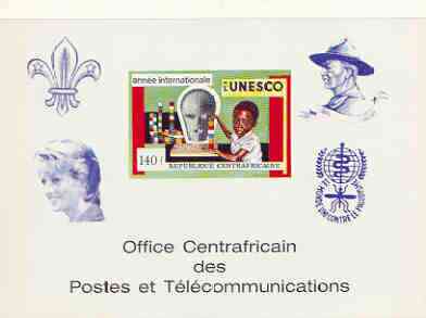 Central African Republic 1971 UNESCO deluxe proof card in full issued colours (as SG 267) opt'd in blue showing Scout logo, Baden Powell, Princess Di & Anti Malaria Logo, stamps on , stamps on  stamps on unesco, stamps on  stamps on scouts, stamps on  stamps on malaria, stamps on  stamps on diseases, stamps on  stamps on diana, stamps on  stamps on royalty, stamps on  stamps on united nations