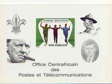 Central African Republic 1970 Reconciliation deluxe proof card in full issued colours (as SG 228) opt'd in black showing Scout logo, Baden Powell, Churchill & Kennedy, stamps on , stamps on  stamps on scouts, stamps on  stamps on churchill, stamps on  stamps on kennedy, stamps on  stamps on personalities, stamps on  stamps on constitutions