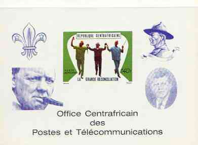 Central African Republic 1970 Reconciliation deluxe proof card in full issued colours (as SG 228) optd in blue showing Scout logo, Baden Powell, Churchill & Kennedy, stamps on scouts, stamps on churchill, stamps on kennedy, stamps on personalities, stamps on constitutions