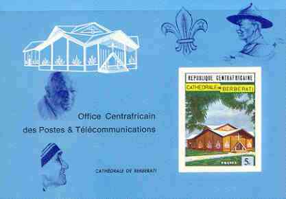Central African Republic 1971 Roman Catholic Cathedral deluxe proof card in full issued colours (as SG 250) opt'd in blue showing Scout logo, Baden Powell, the Pope & Mother Teresa, stamps on scouts, stamps on pope, stamps on personalities, stamps on women, stamps on nobel, stamps on teresa, stamps on cathedrals, stamps on churches