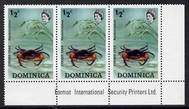 Dominica 1973 Flora & Fauna 1/2c Cyrique Crab imprint corner strip of 3, one stamp with variety 'red line infront of D of Dominica' (R5/8) unmounted mint, stamps on , stamps on  stamps on crabs   marine-life