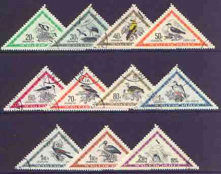 Hungary 1952 Birds - triangular perf set of 11 cto used, SG 1224-34, stamps on , stamps on  stamps on birds, stamps on  stamps on triangulars, stamps on  stamps on stork, stamps on  stamps on plovers, stamps on  stamps on bustard, stamps on  stamps on falcon, stamps on  stamps on ibis, stamps on  stamps on egret, stamps on  stamps on birds of prey