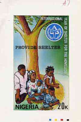 Nigeria 1987 Shelter for the Homeless - original hand-painted artwork for 20k value by unknown artist on card 5 x 8.5, stamps on refugees