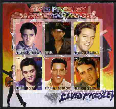 Djibouti 2007 Elvis Presley - King of Rock 'n' Roll #1 imperf sheetlet containing 6 values unmounted mint. Note this item is privately produced and is offered purely on its thematic appeal, stamps on films, stamps on cinema, stamps on movies, stamps on elvis, stamps on music, stamps on 